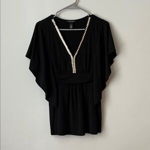 White House Black Market Black Blouse with embellished Vneck